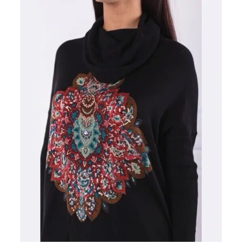 EUC Desigual Black‎ Cowl Sweater with Colorful Embellishment